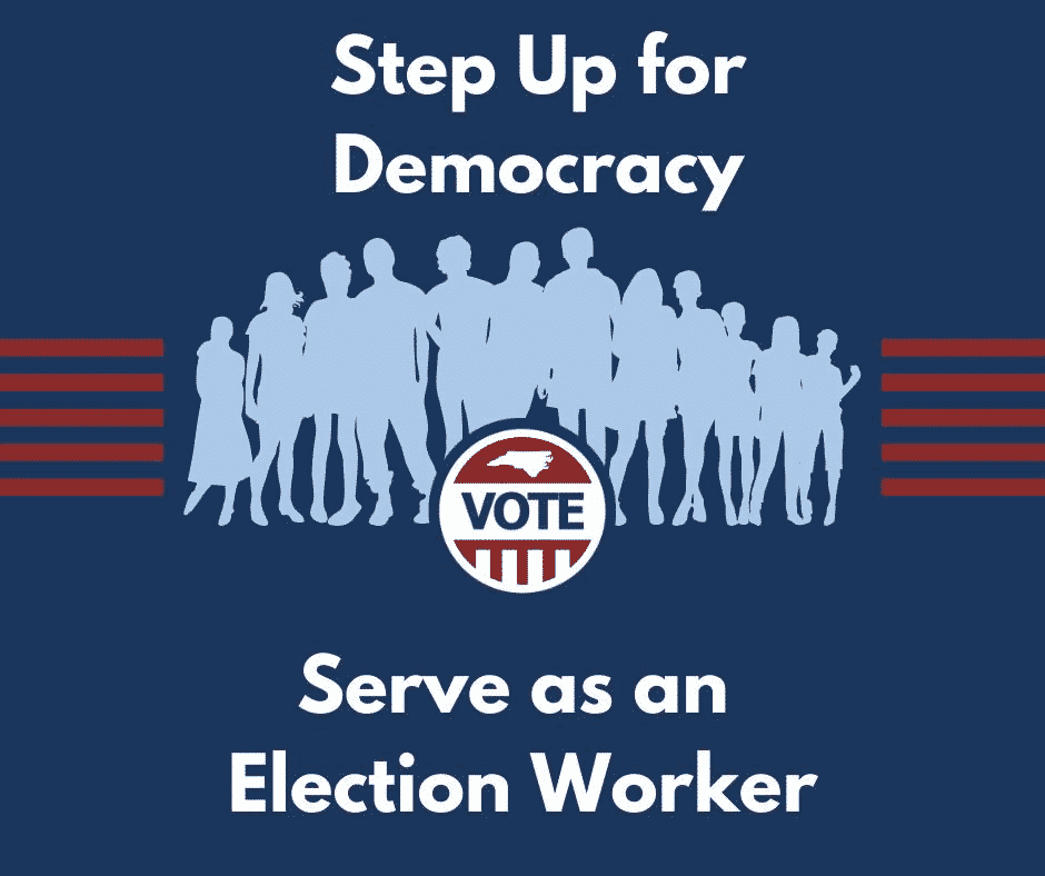 Group of people silhouetted with the text: Step Up for Democracy. Serve as an Election Worker.