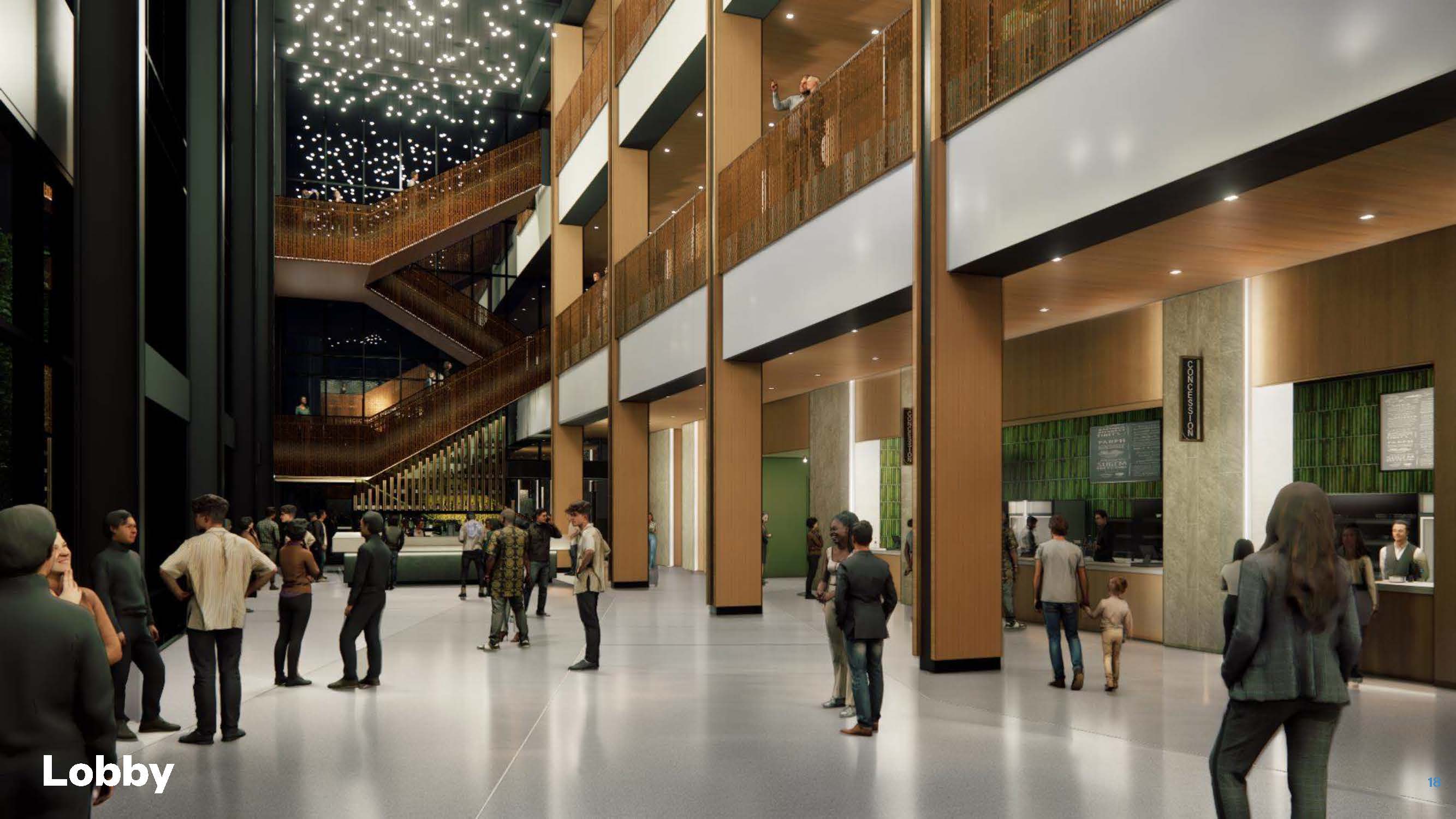 Architect rendering of people standing in an event center lobby