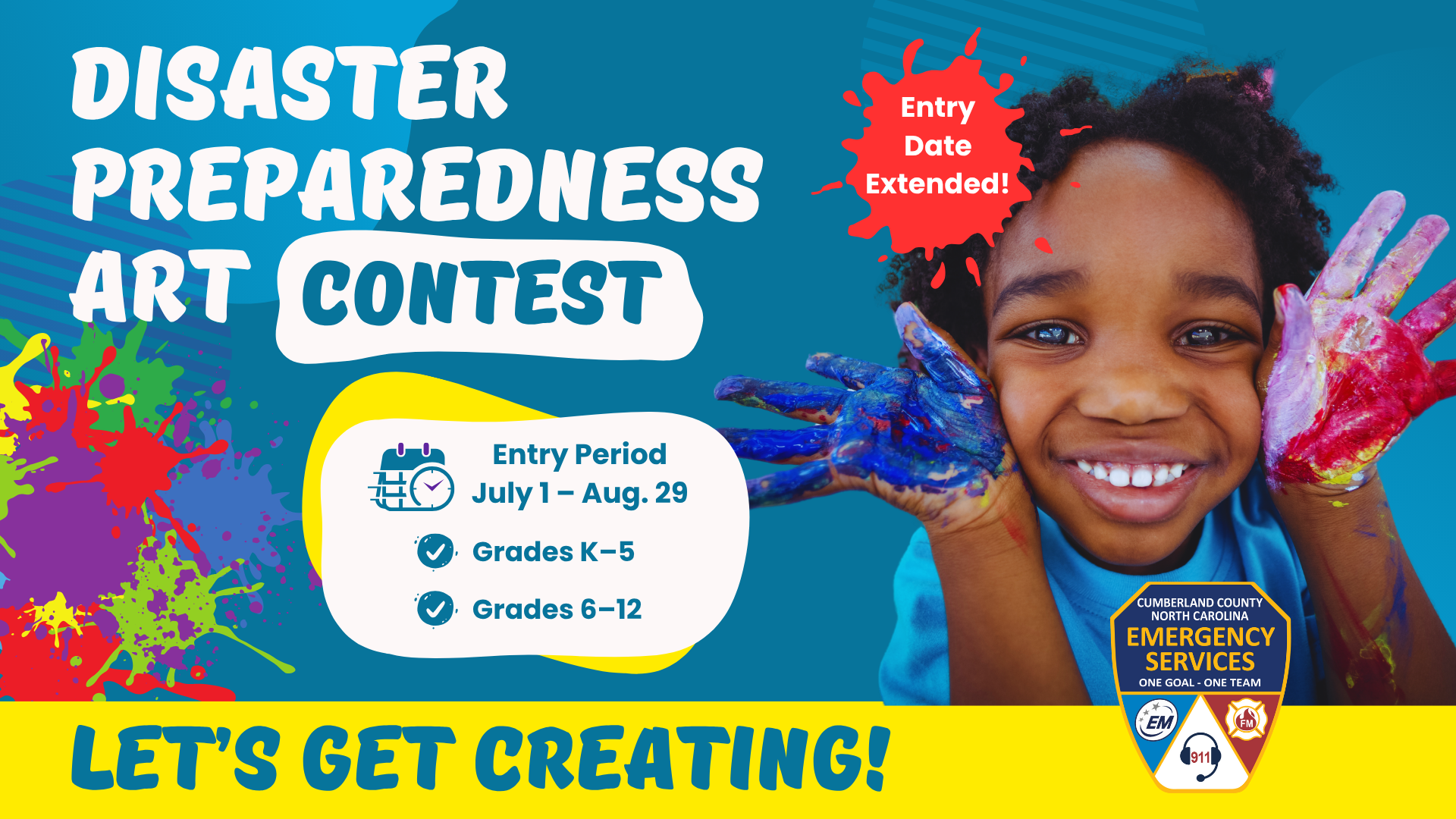 Colorful banner with smiling child and text: “Disaster Preparedness Art Contest – Entries due by Aug. 29 – Grades K–12.”
