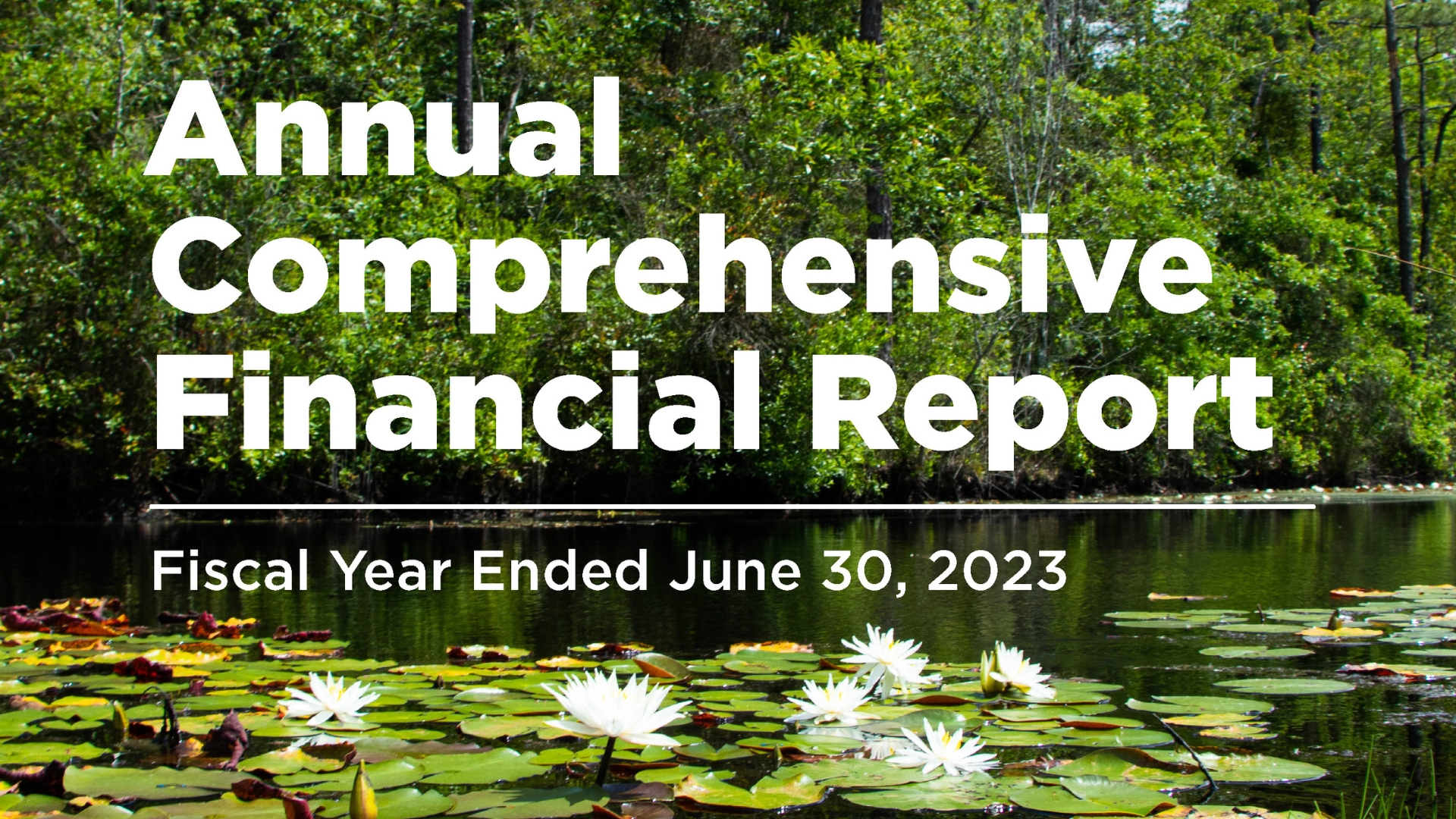 Lilypads in pond with text: Annual Comprehensive Financial Report Fiscal Year Ended June 30, 2023