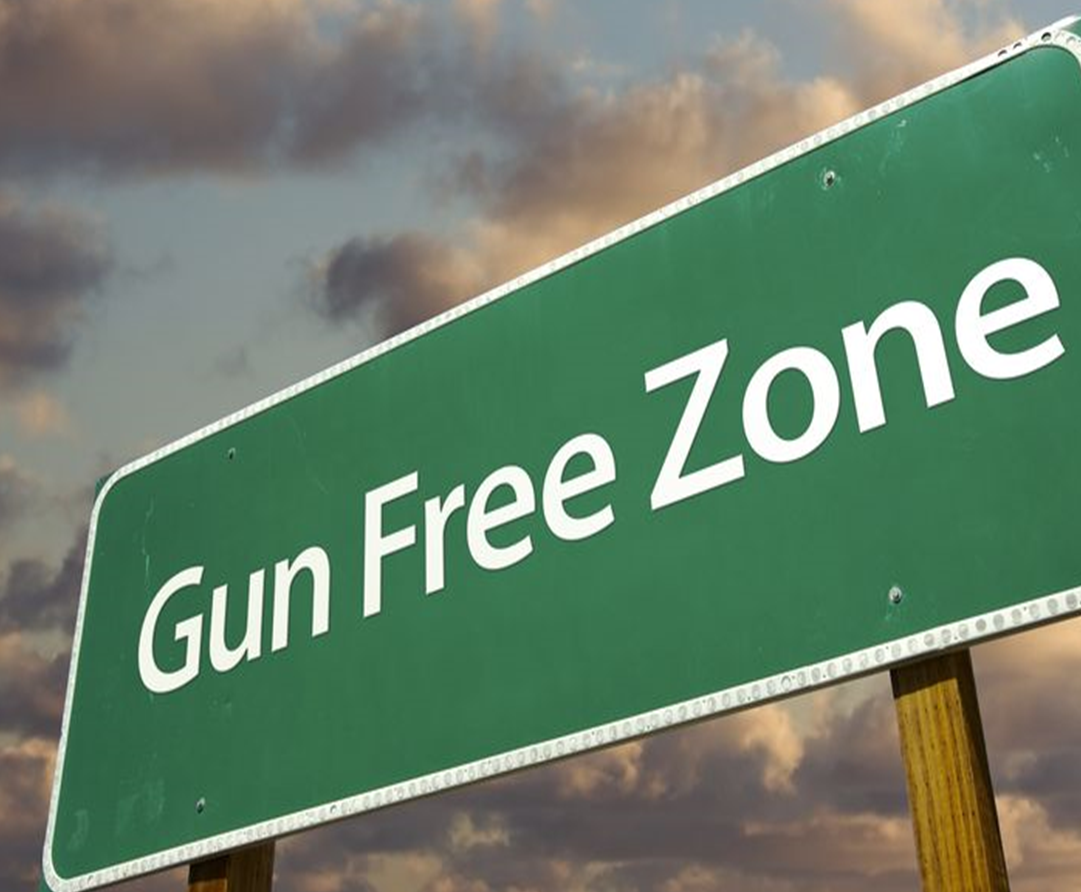 Gun Free Zone written in white on a green highway sign set against clouds