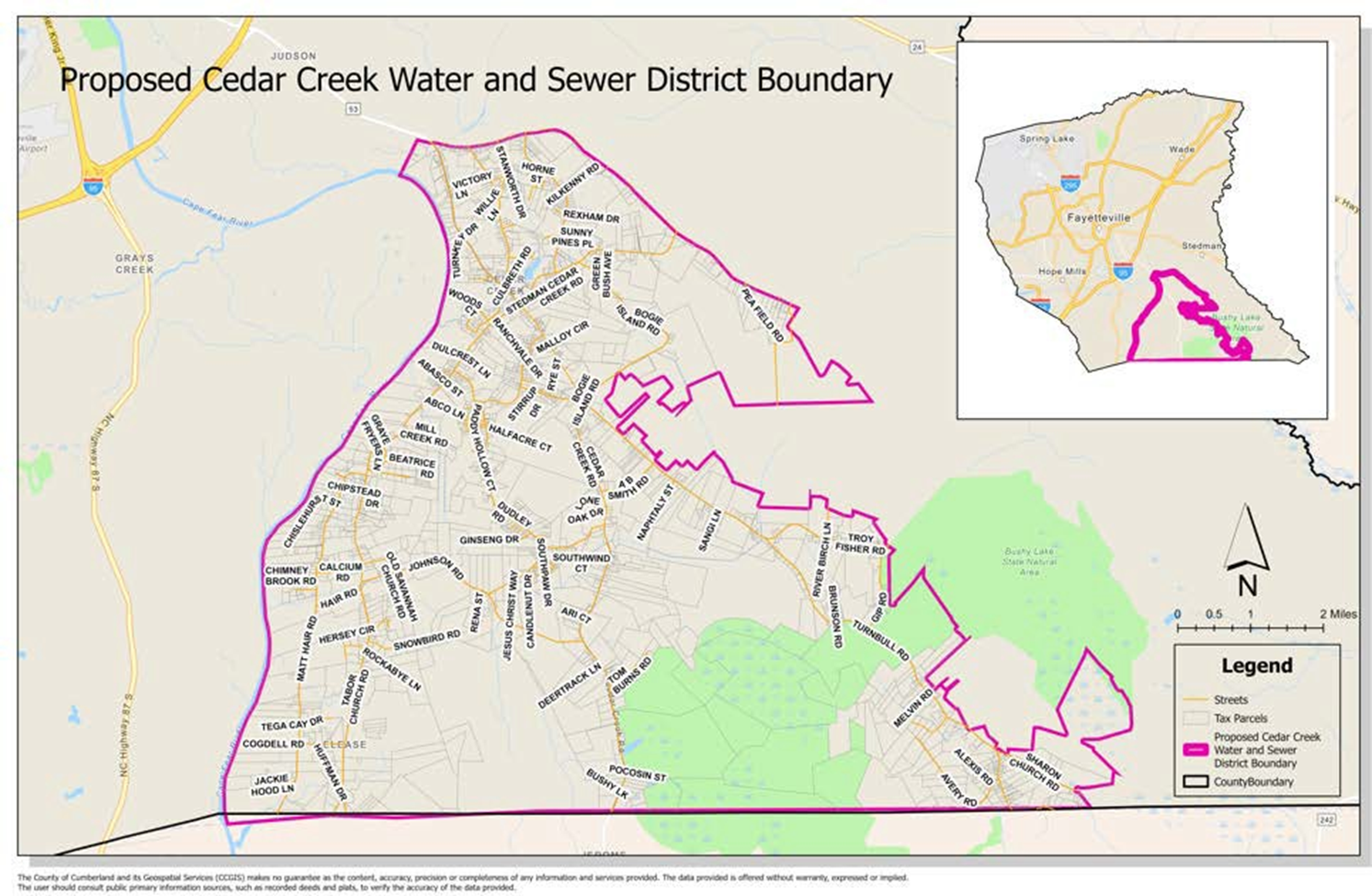 PROPOSED CEDAR CREEK WATER AND SEWER DISTRICT BOUNDARY